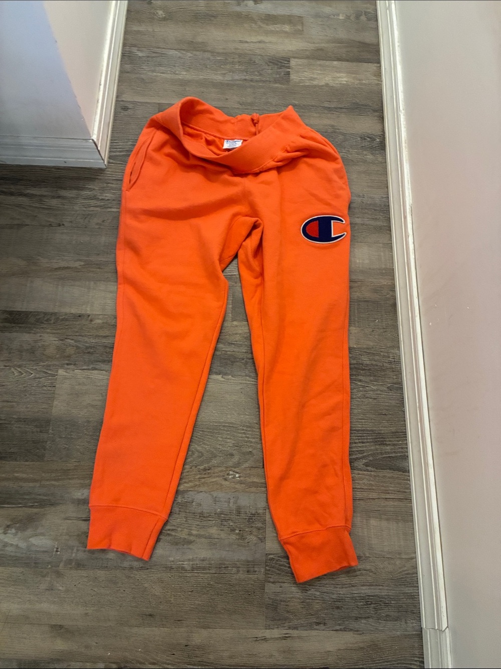 VTG 90s Retro Champion Womens Bright Orange Logo Sweatpants Pockets Sz L Worn 1x